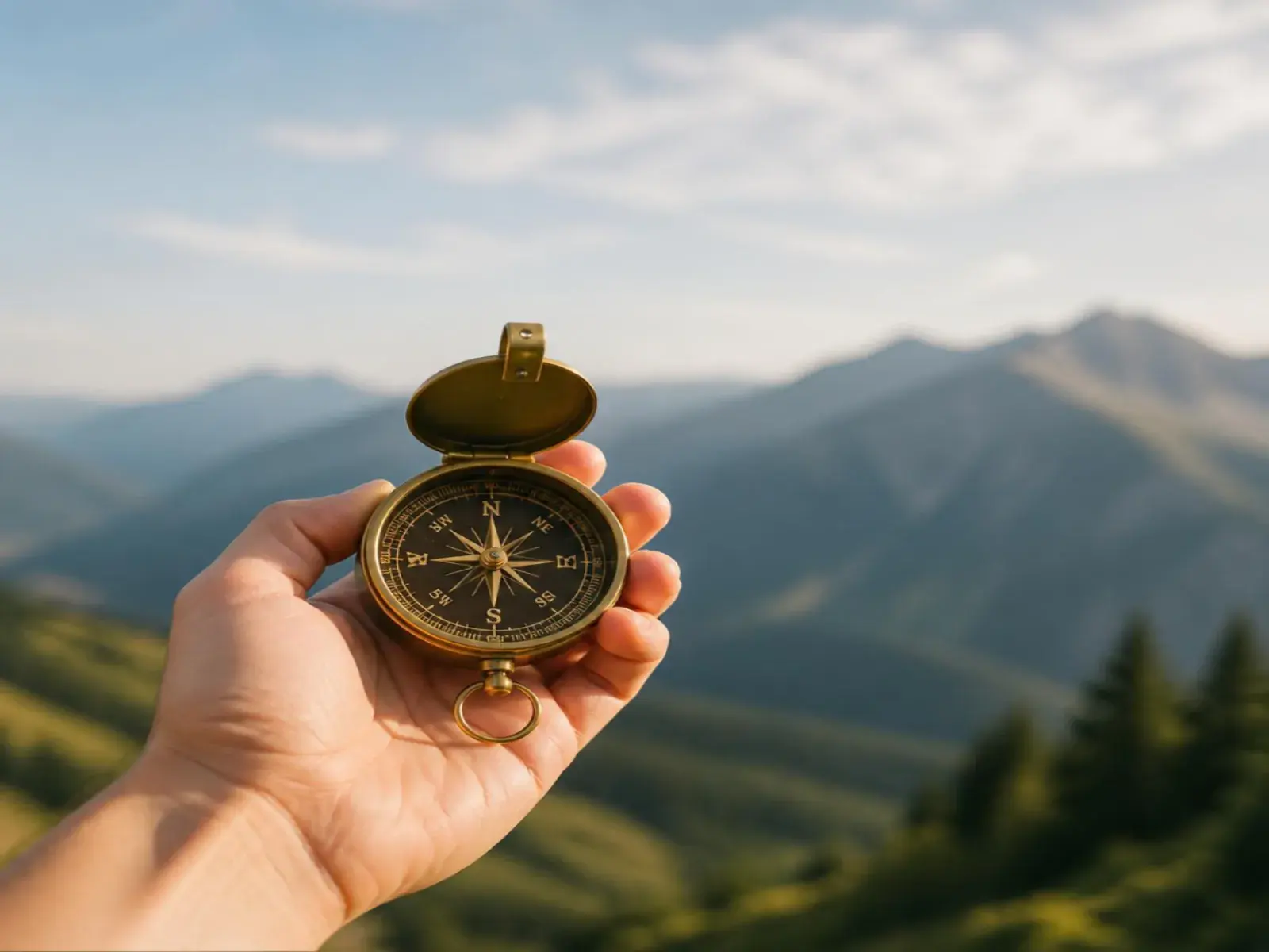 A hand holding an open brass compass against green mountains